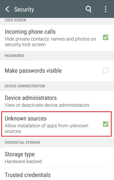 Security settings on an Android smartphone