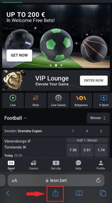 Share button to add a shortcut to the mobile version of Leon Casino