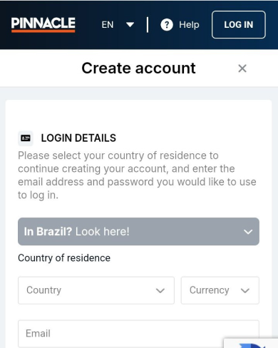 Pinnacle Casino mobile registration form