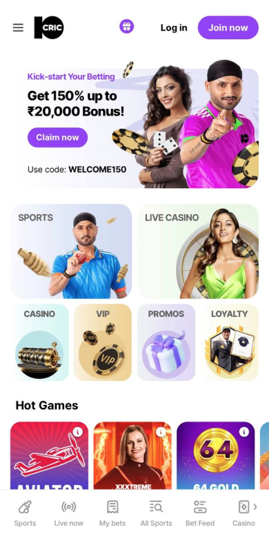 10CRIC Casino mobile application interface