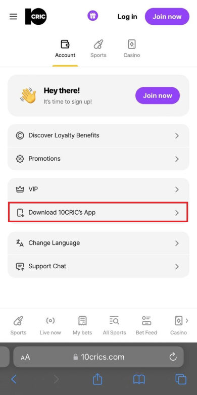 Downloal 10CRICs App section in mobile version