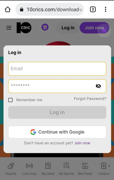 Login to 10CRIC Casino via the Android app