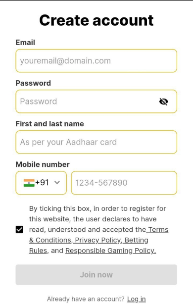 Registration in the 10CRIC Casino app on Android