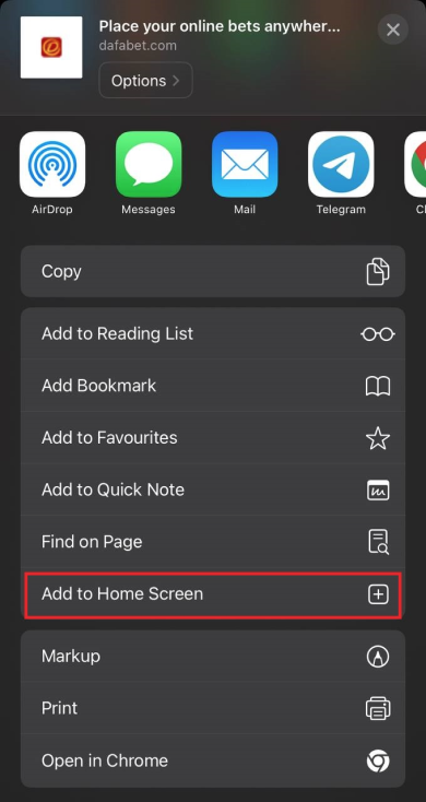 Add Dafabet Casino on iOS to the Home screen