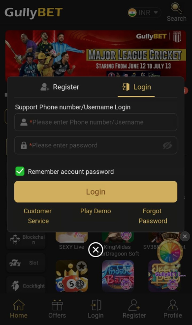 Login to Gullybet Casino in the Android app