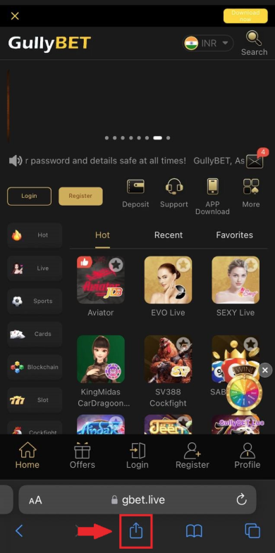 Share button to place a shortcut to the mobile version of Gullybet for iOS